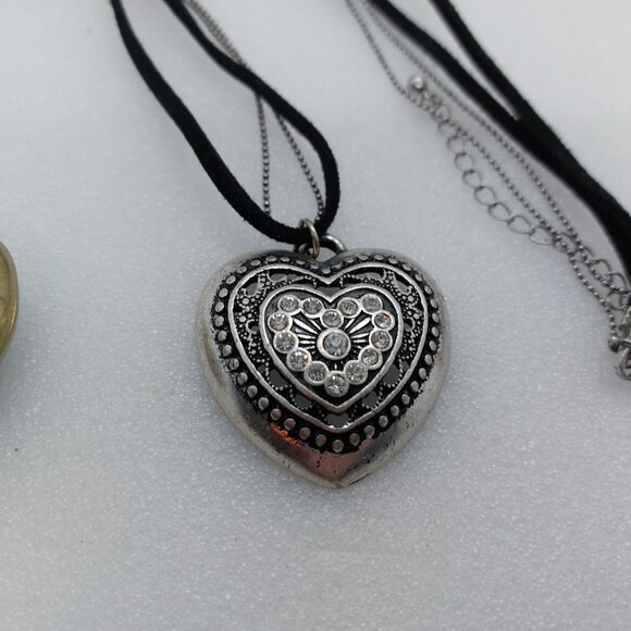 2 Heart Necklace Bronze or Brass Tone Blue Flower & Silver Tone Clear Stones - Picture 4 of 11